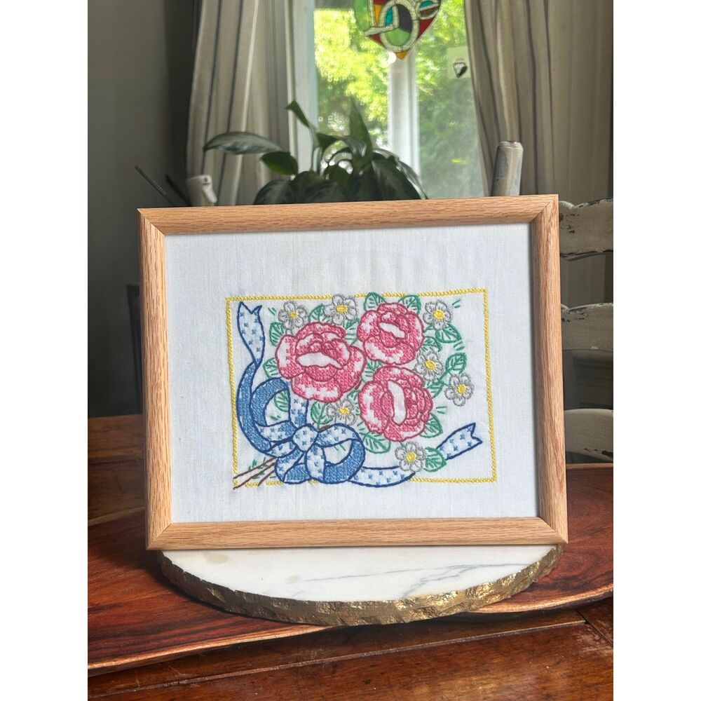 Vintage Framed Embroidery Floral Bouquet Rose Wall Art in Solid Oak Woolworth